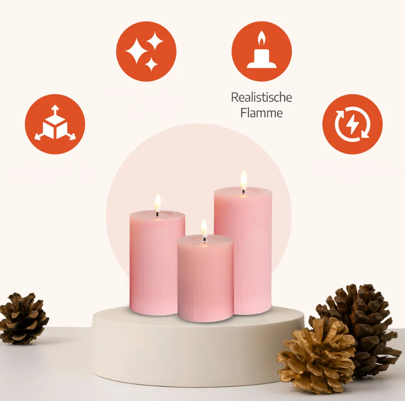 Candela in cera Rosa con fiamma 3D - Funzionamento a pile (Non incluse) - 3 Misure