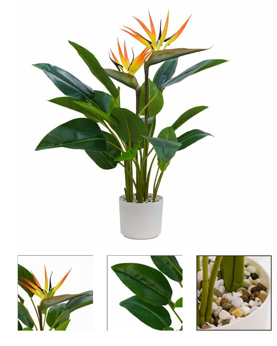 Pianta artificiale Strelitzia con 2 fiori e vaso bianco c\cemento e pietre - JJ-STRELITZIA-80CM