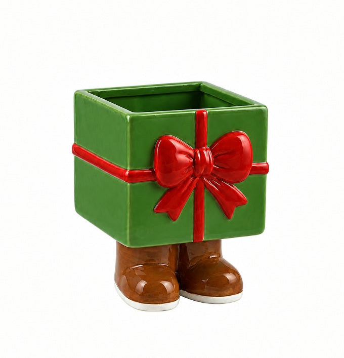 Vaso a cubo verde con decorazione fiocco e piedini H 13.5 cm - AE-51B-VE