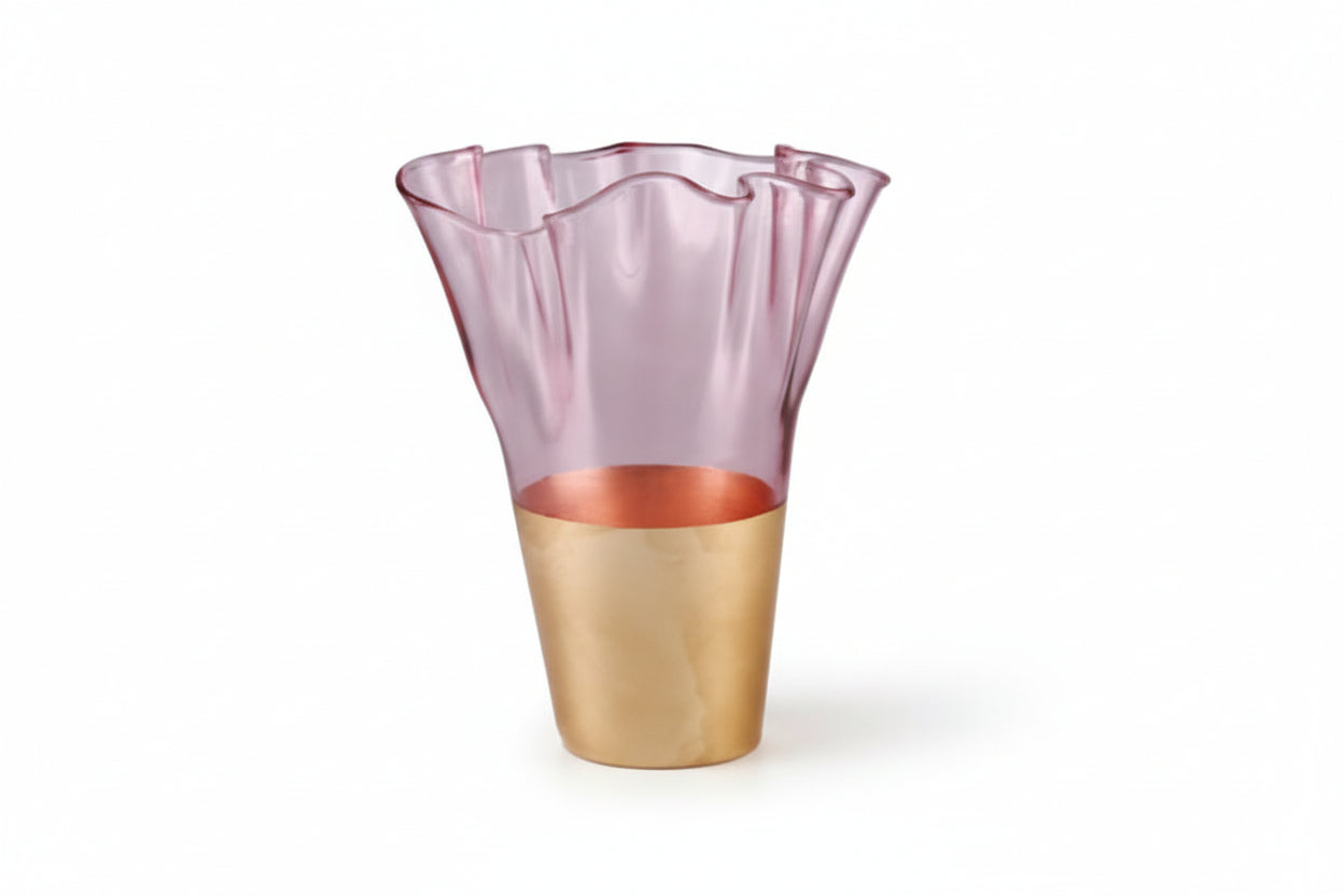VASO FAZZOLETTO IN VETRO COLORE ROSA E ORO - 2 MISURE DISPONIBILI